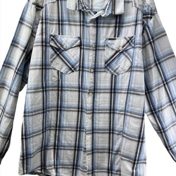 Marc Ecko Cut & Sew Men 2XL Blue Gray Western Plaid Long Sleeve Button Shirt - Picture 2 of 9
